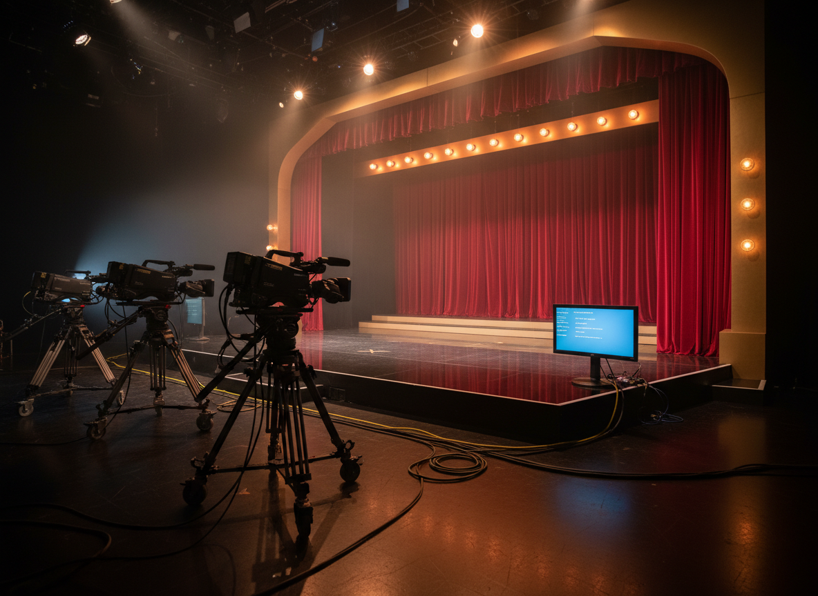 Production studio set lit for a Vietnamese-language television show